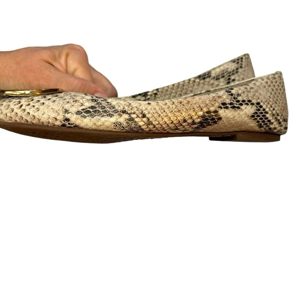 Tory Burch Brown Cream Leather Roccio Python Reva Ballet Flats Goldtone Logo